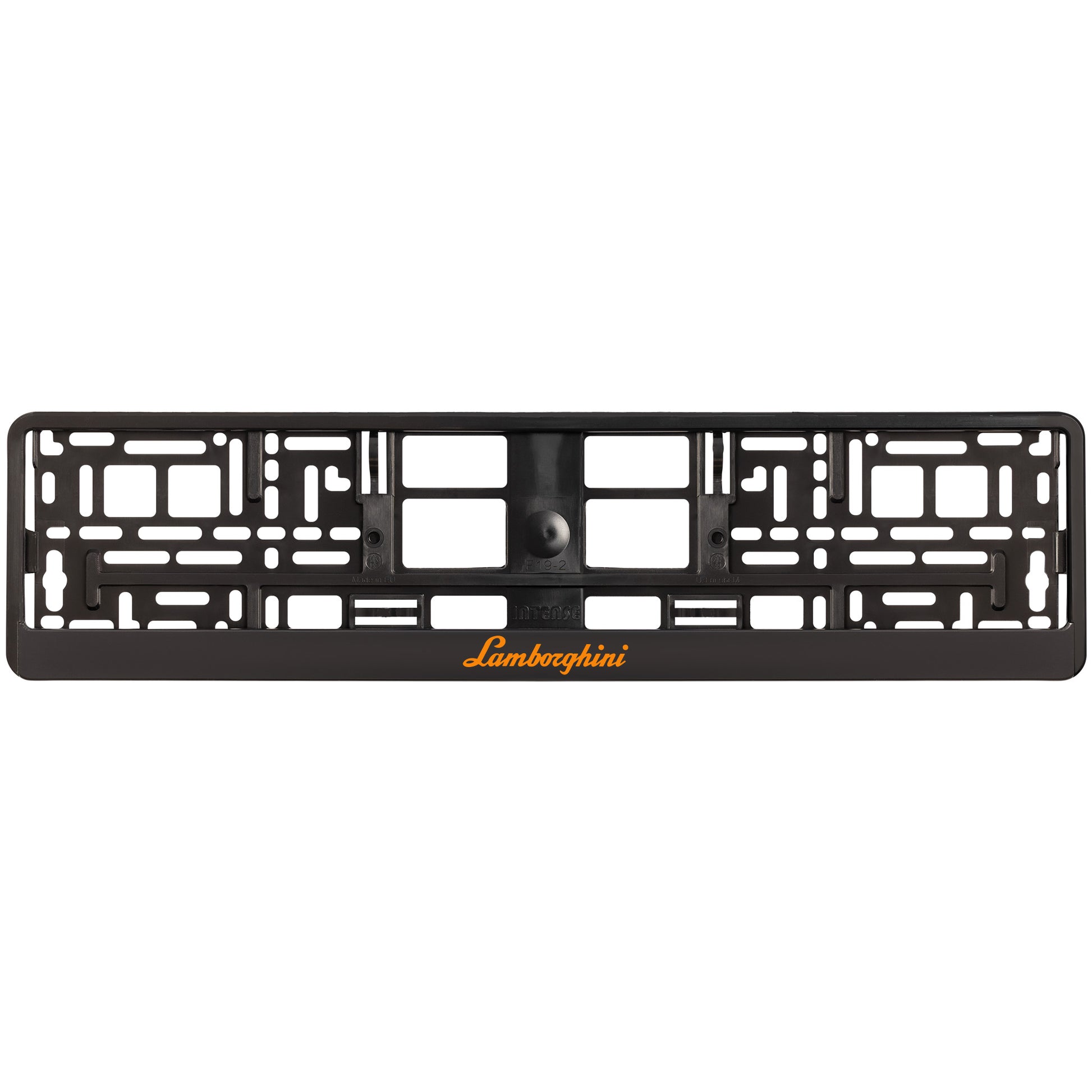 black license plate frame with orange lamborghini logo