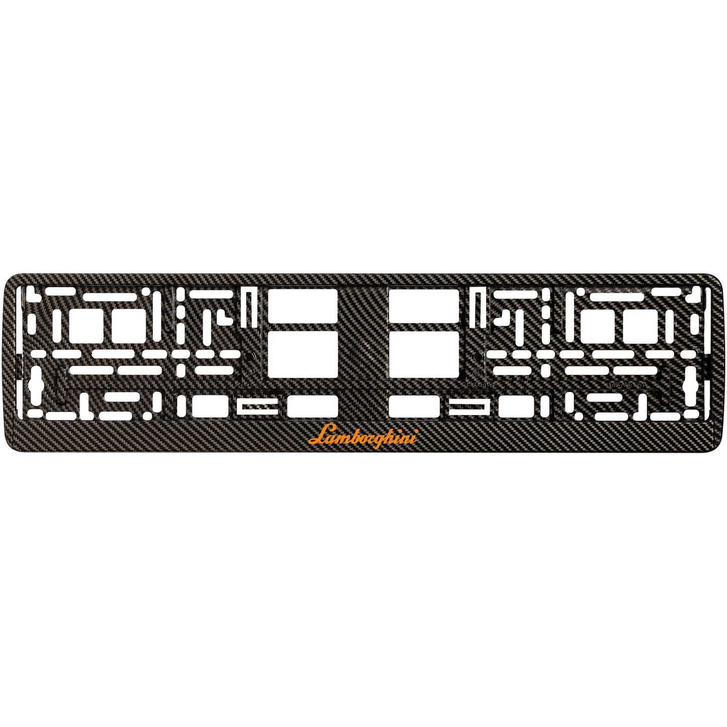 
        carbon license plate frame with orange lamborghini logo
     