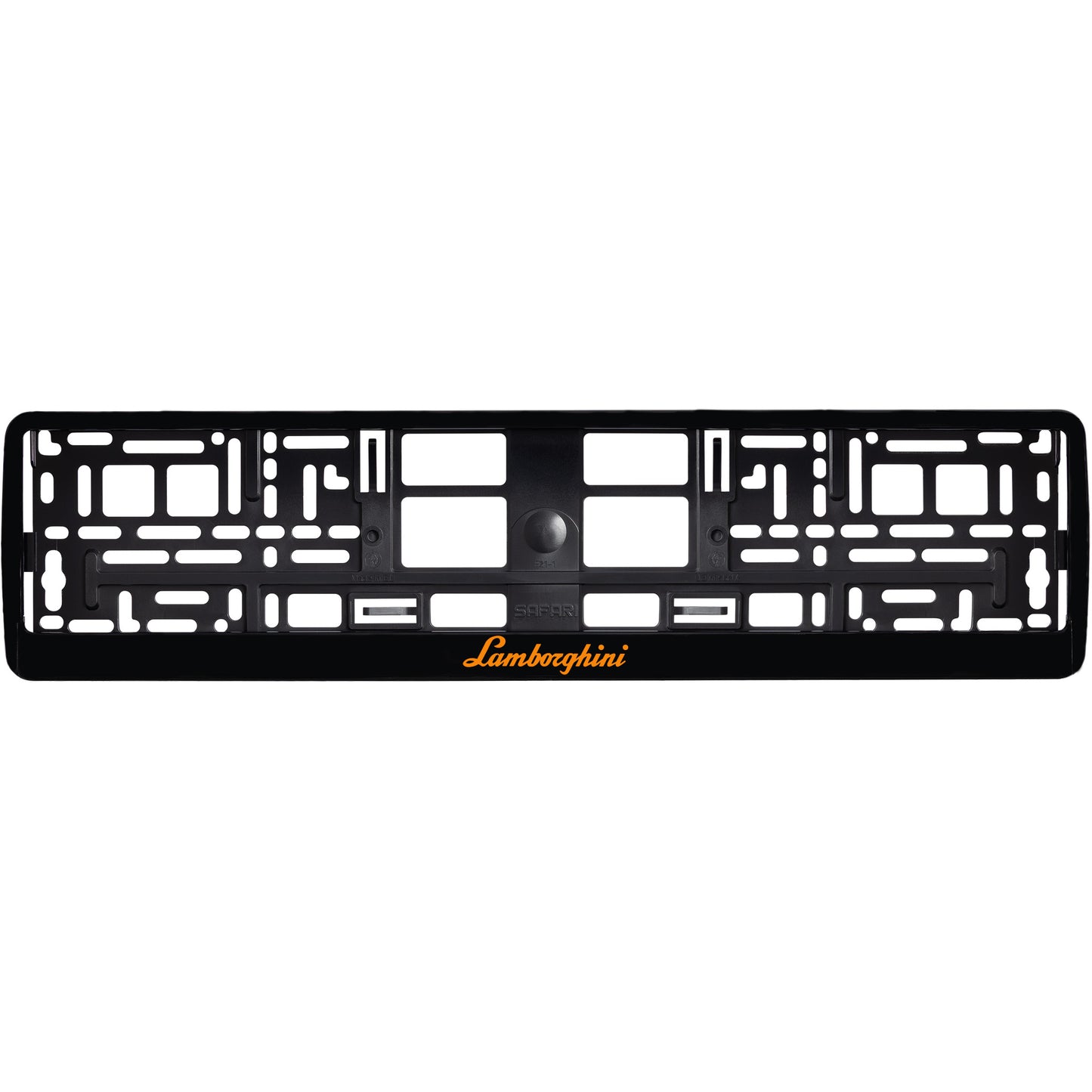 
        gloss black license plate frame with orange lamborghini logo
     
