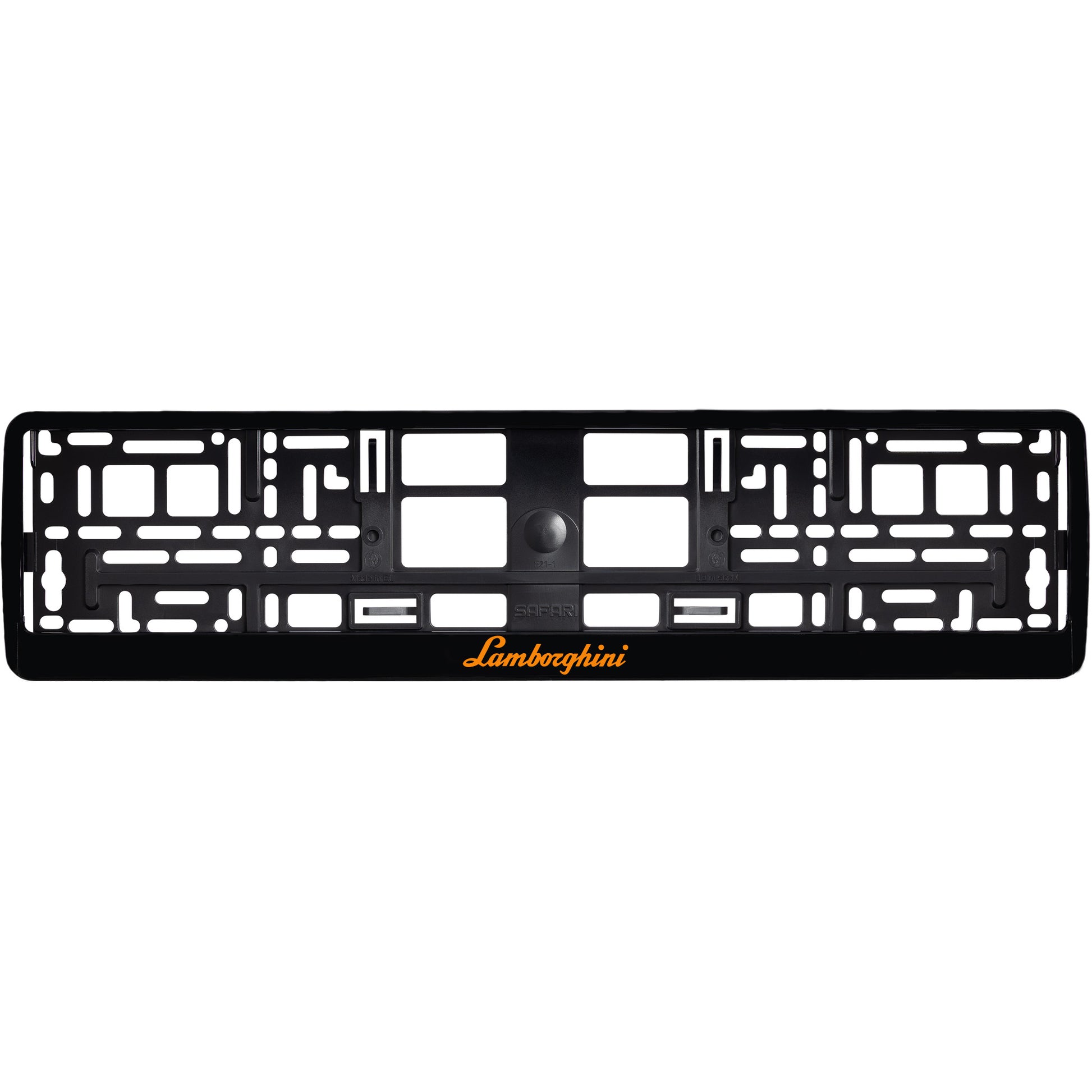 gloss black license plate frame with orange lamborghini logo