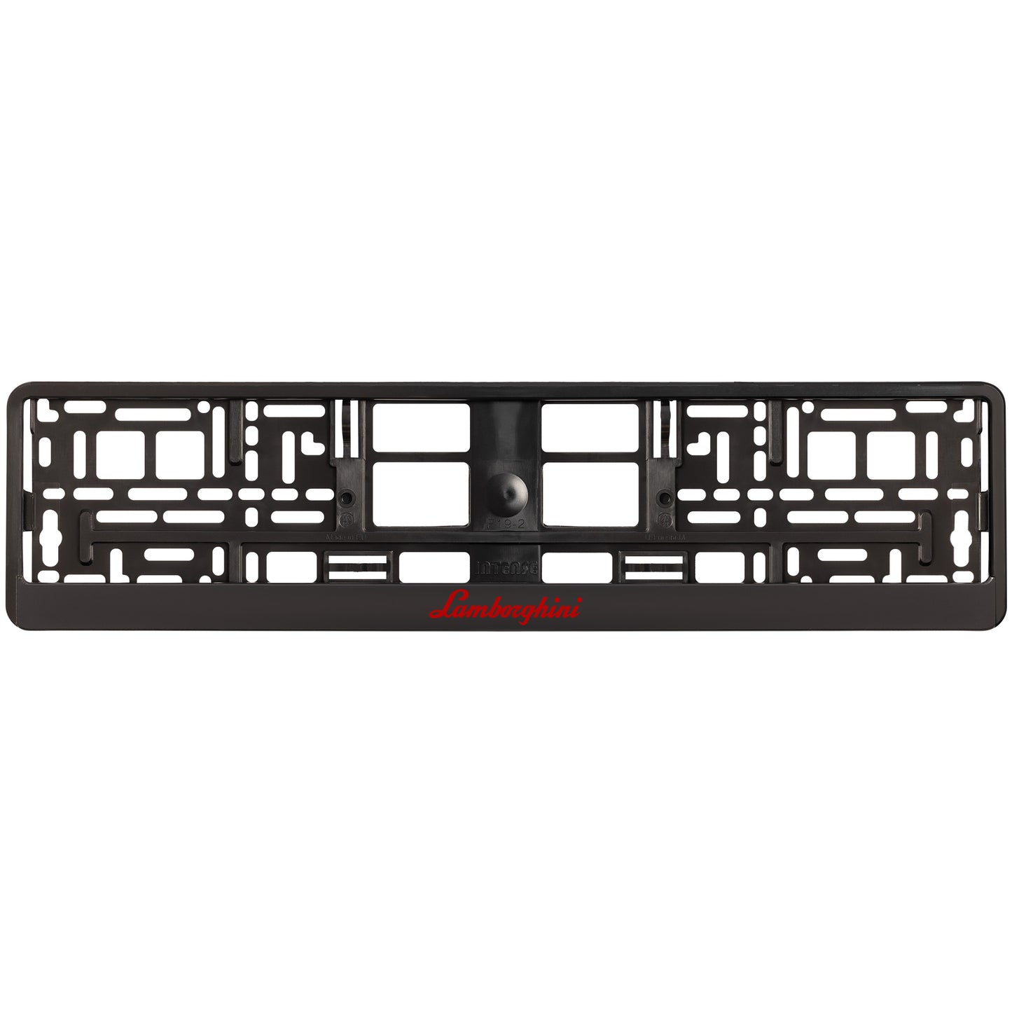 
        black license plate frame with red lamborghini logo
     