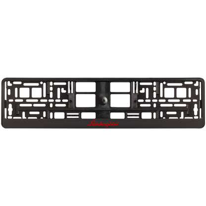 black license plate frame with red lamborghini logo