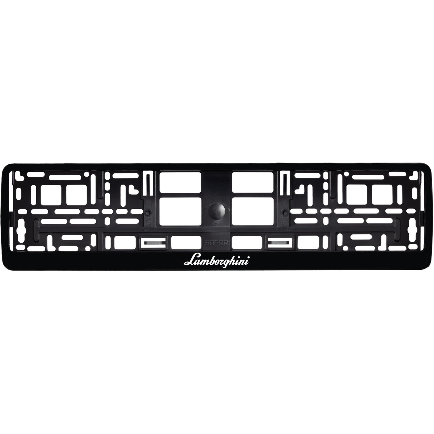 
        gloss black license plate frame with white lamborghini logo
     