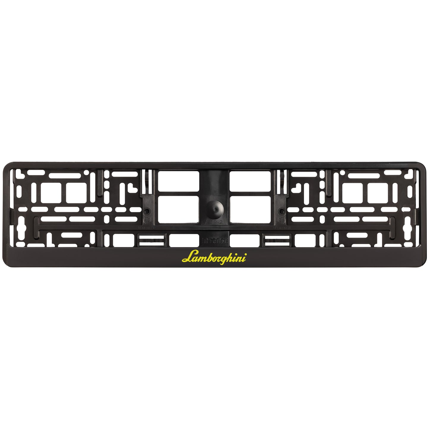 
        black license plate frame with yellow lamborghini logo
     