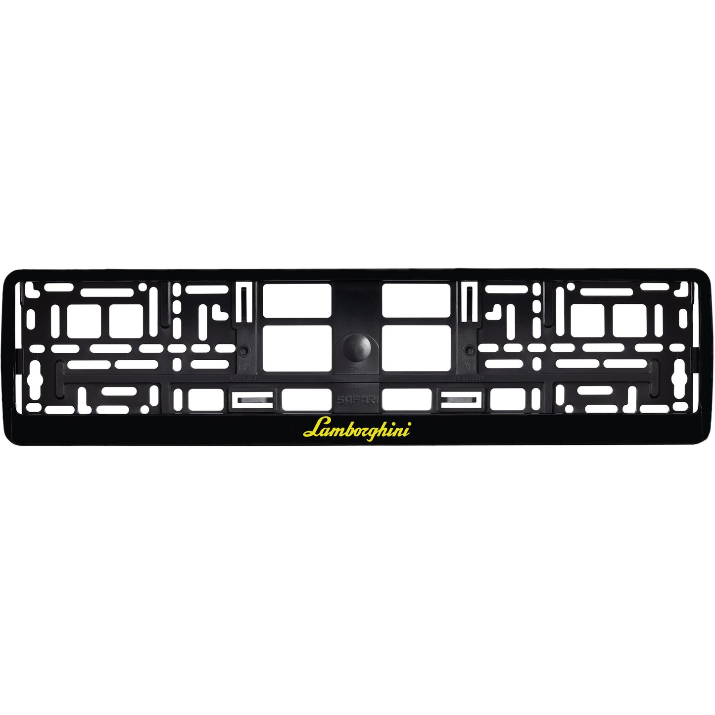 
        gloss black license plate frame with yellow lamborghini logo
     