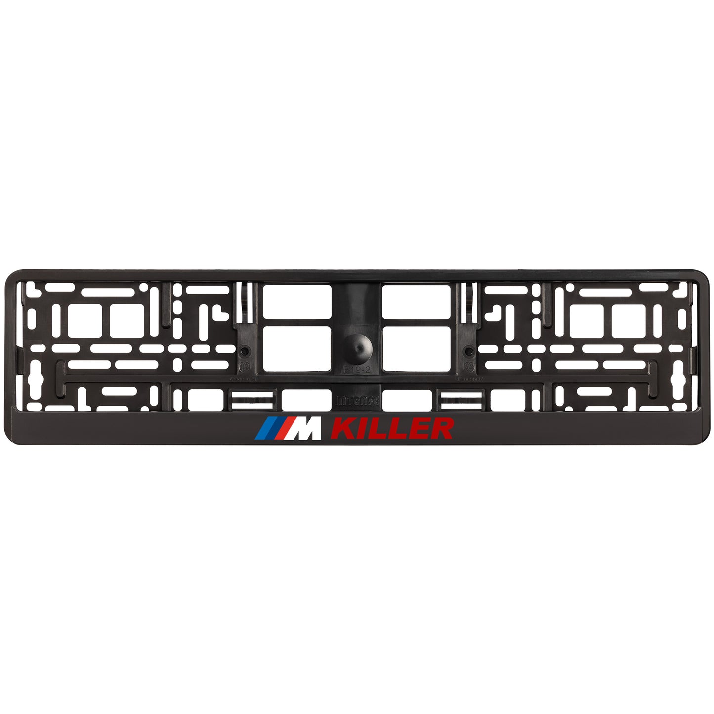 
        black license plate frame with red m killer logo
     