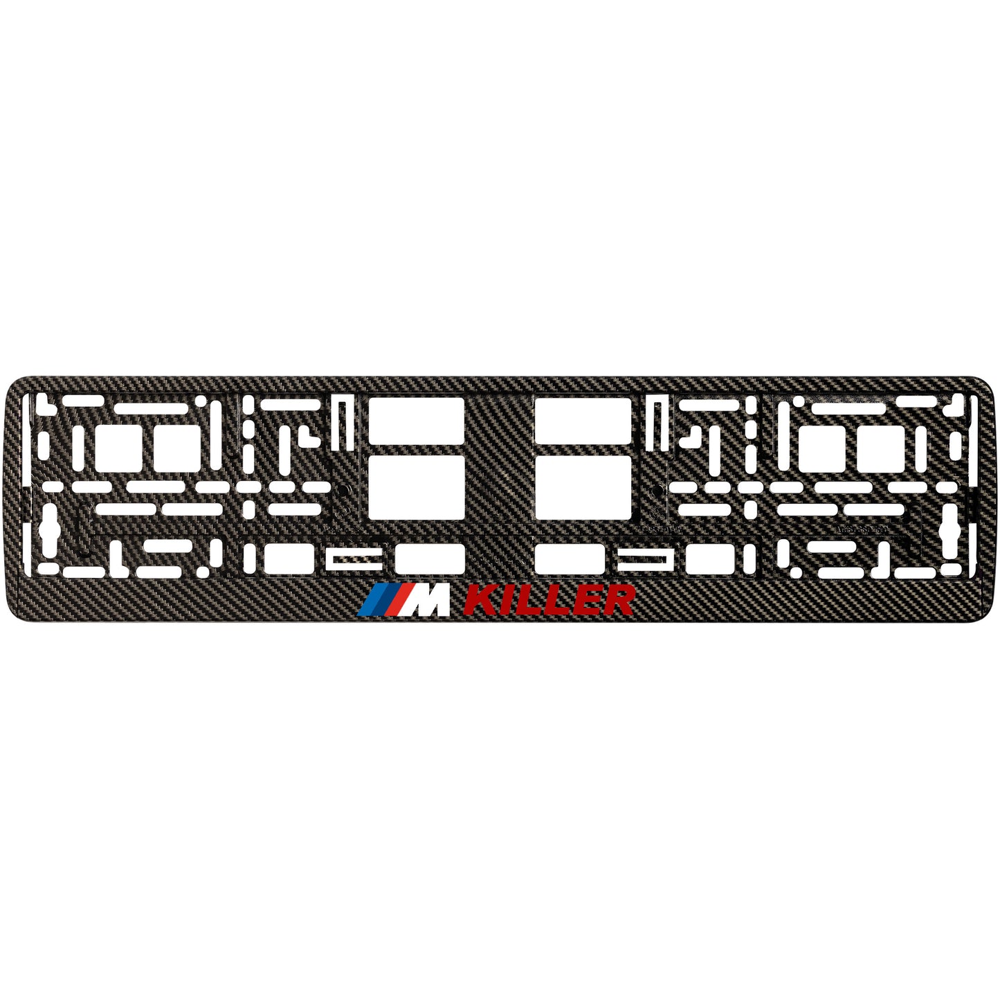 
        carbon license plate frame with m killer red text
     