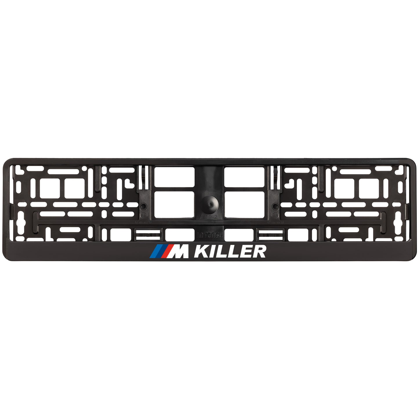 
        black license plate frame with white m killer logo
     
