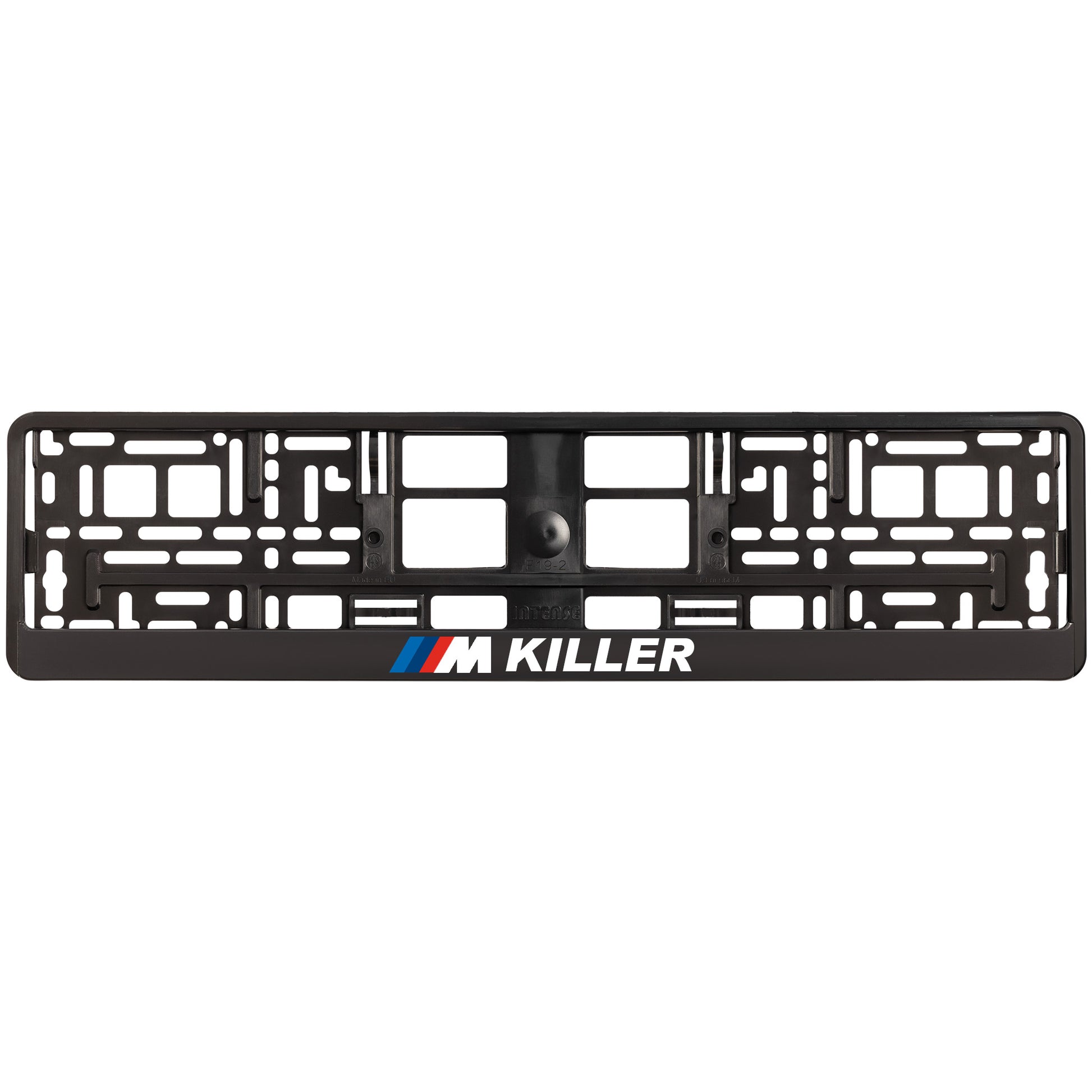black license plate frame with white m killer logo