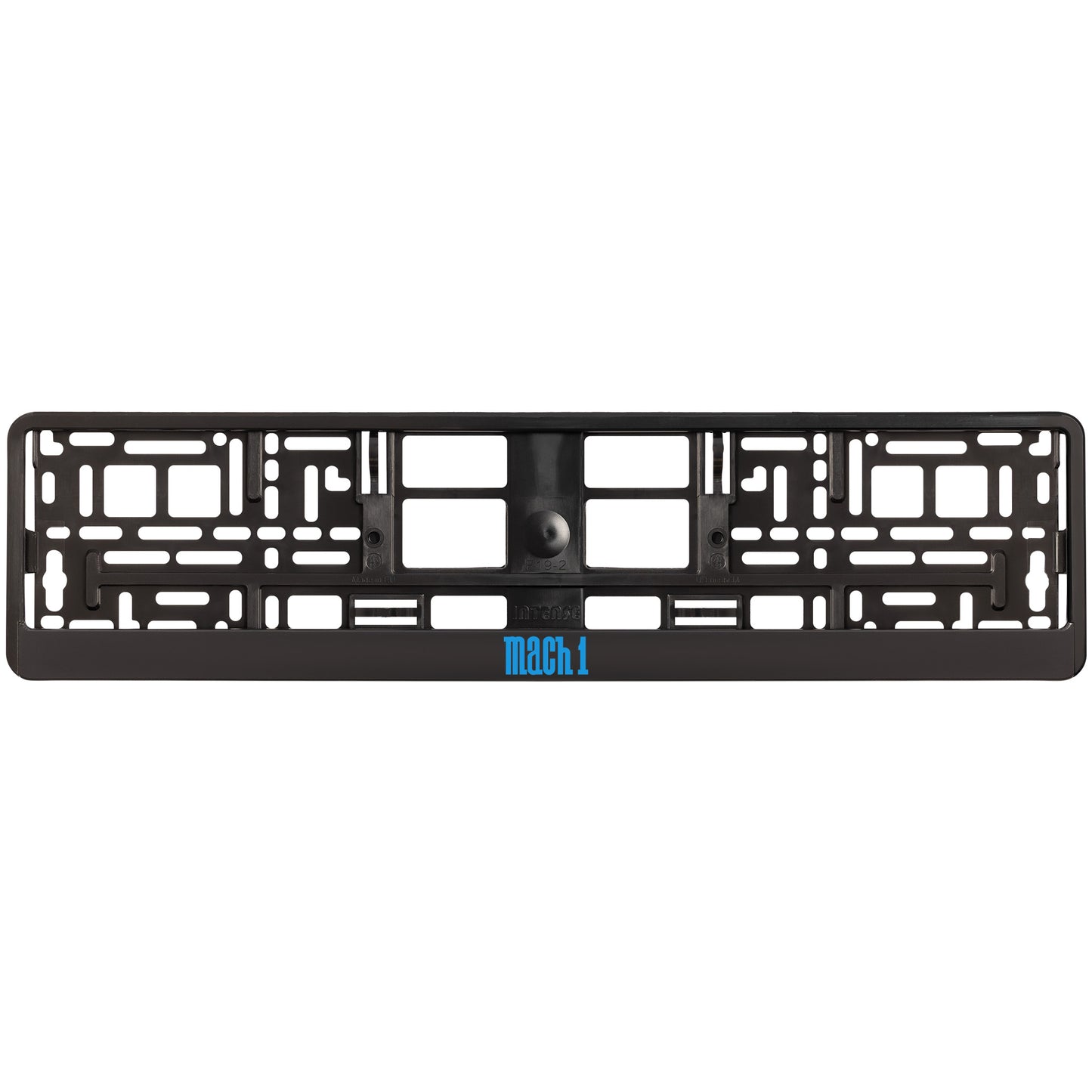 
        black license plate frame with blue cyan mach 1 logo
     