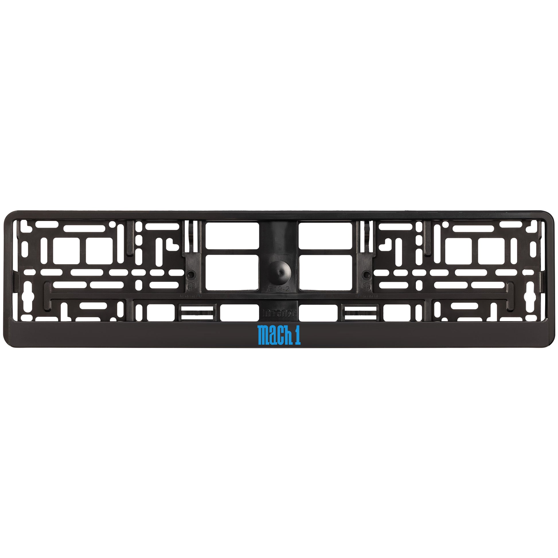 black license plate frame with blue cyan mach 1 logo