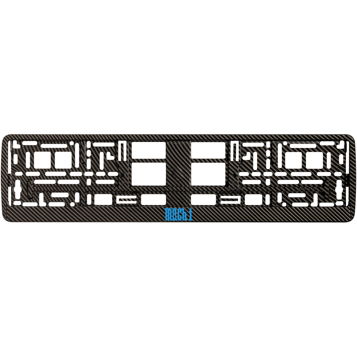 
        carbon  license plate frame with blue cyan mach 1 logo
     