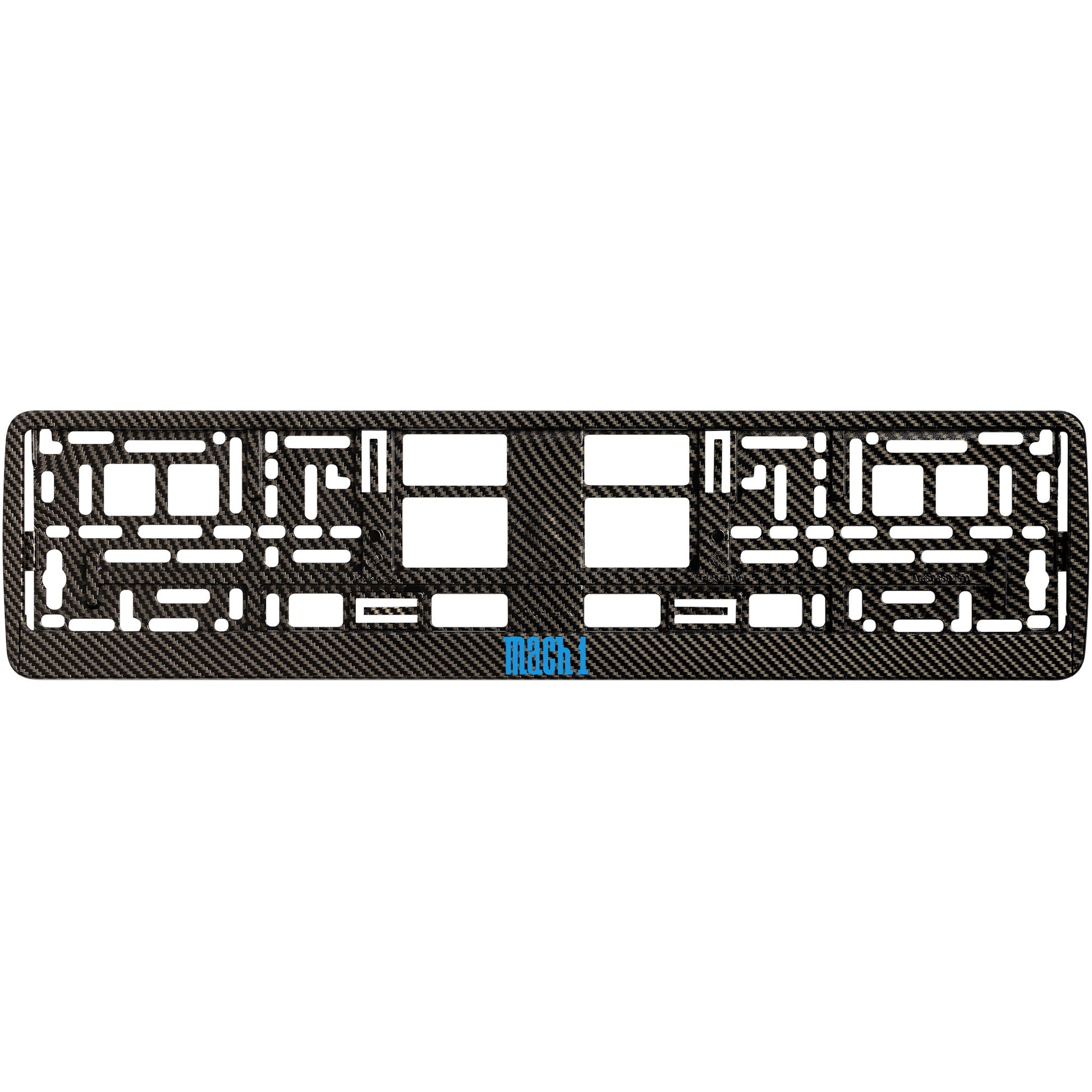 carbon  license plate frame with blue cyan mach 1 logo