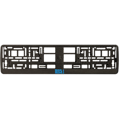 carbon  license plate frame with blue cyan mach 1 logo