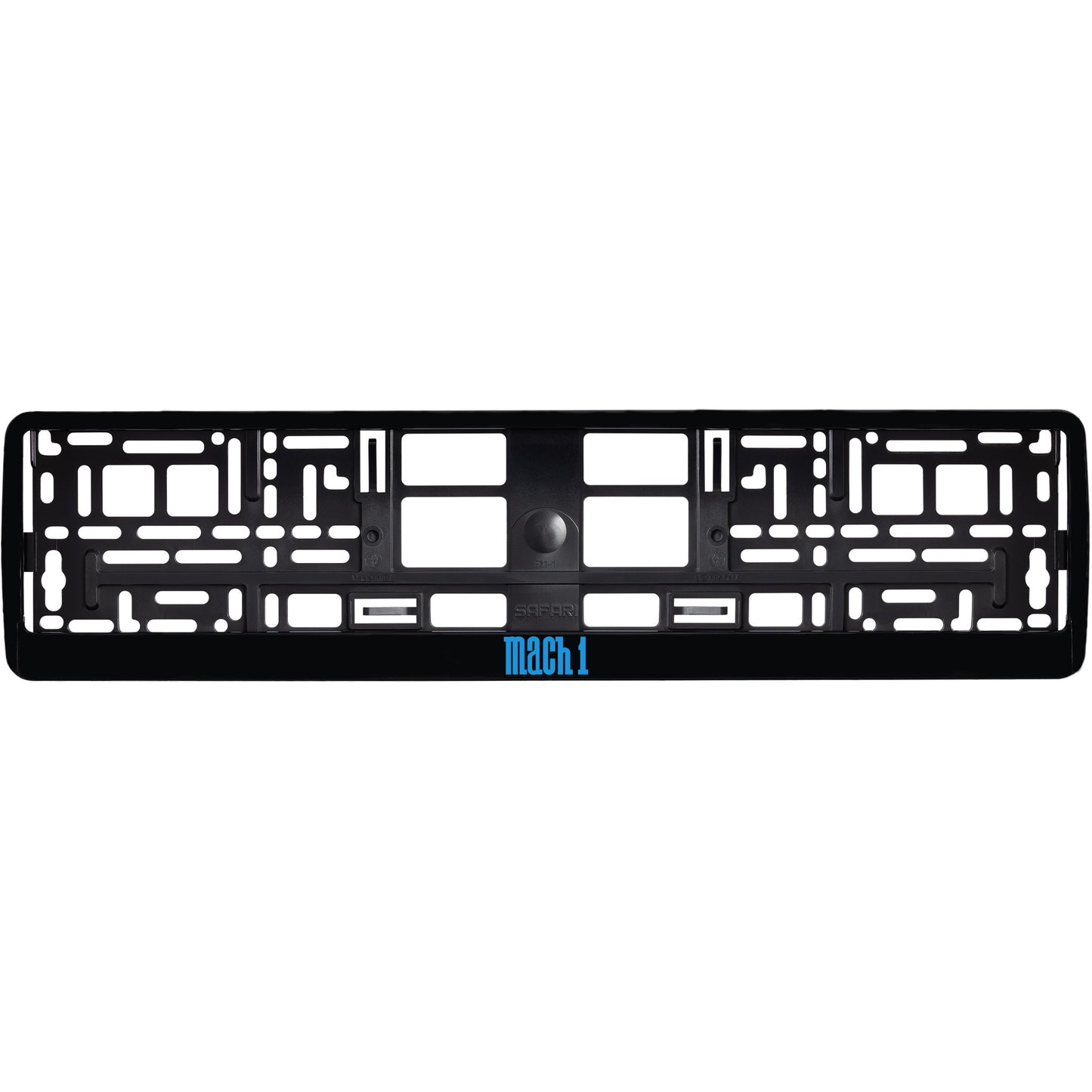 
        gloss black license plate frame with blue cyan mach 1 logo
     