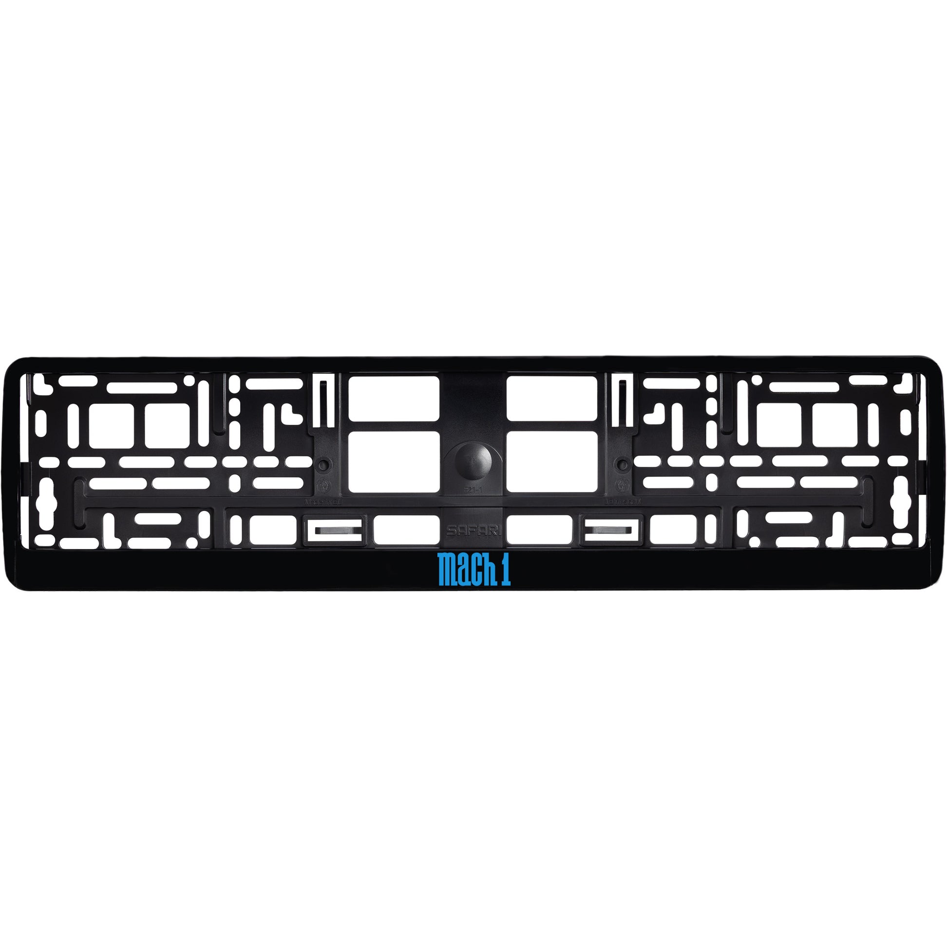 gloss black license plate frame with blue cyan mach 1 logo