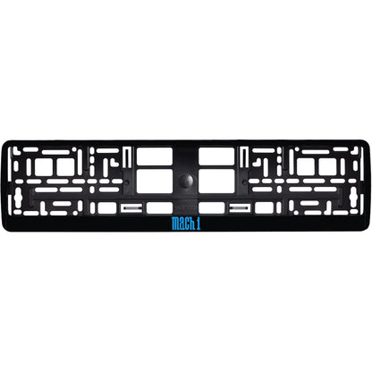 gloss black license plate frame with blue cyan mach 1 logo