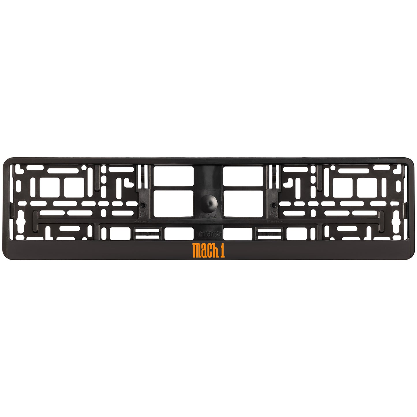 
        black license plate frame with orange mach 1 logo
     