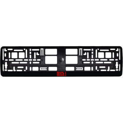 gloss black license plate frame with red mach 1 logo