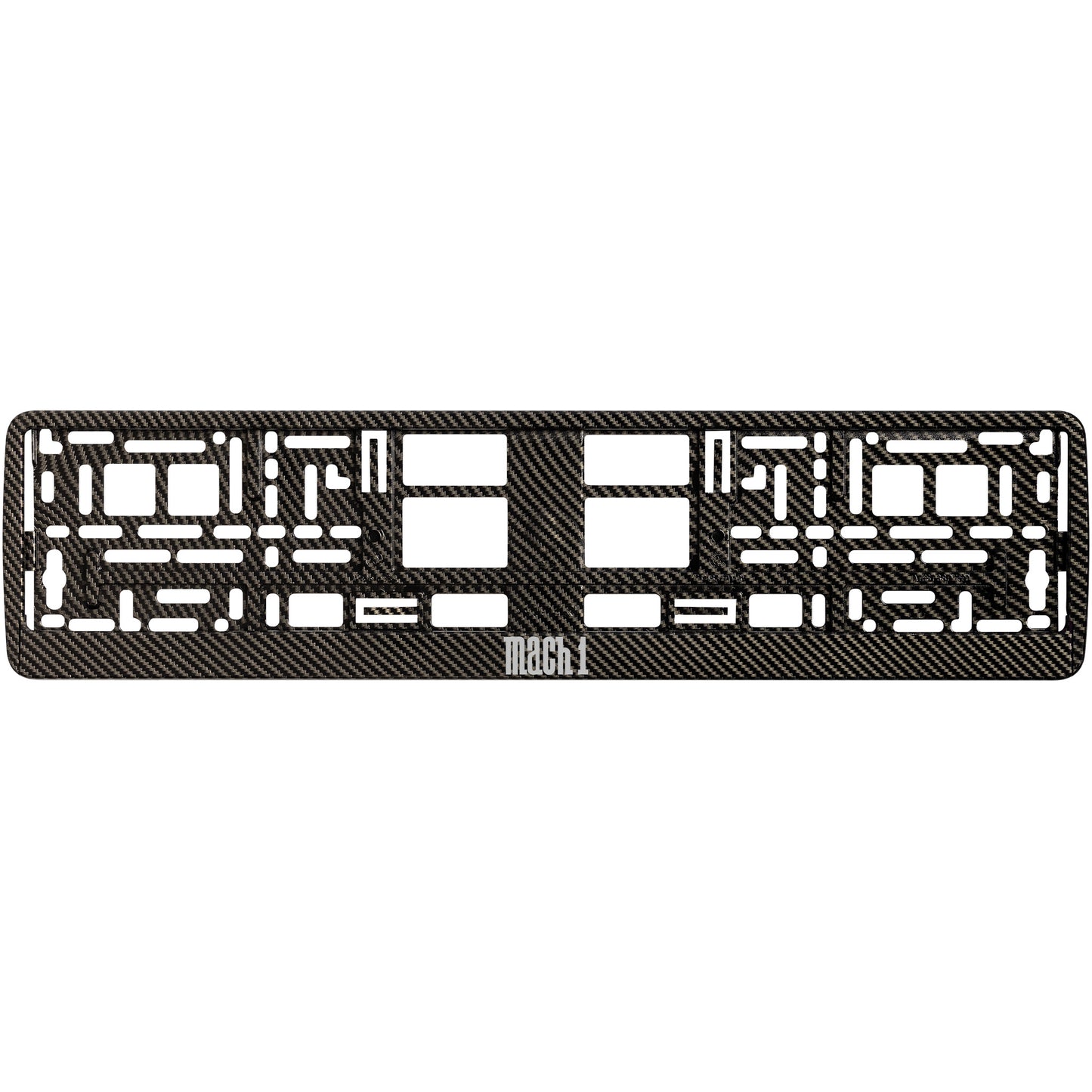 
        carbon  license plate frame with silver mach 1 logo
     