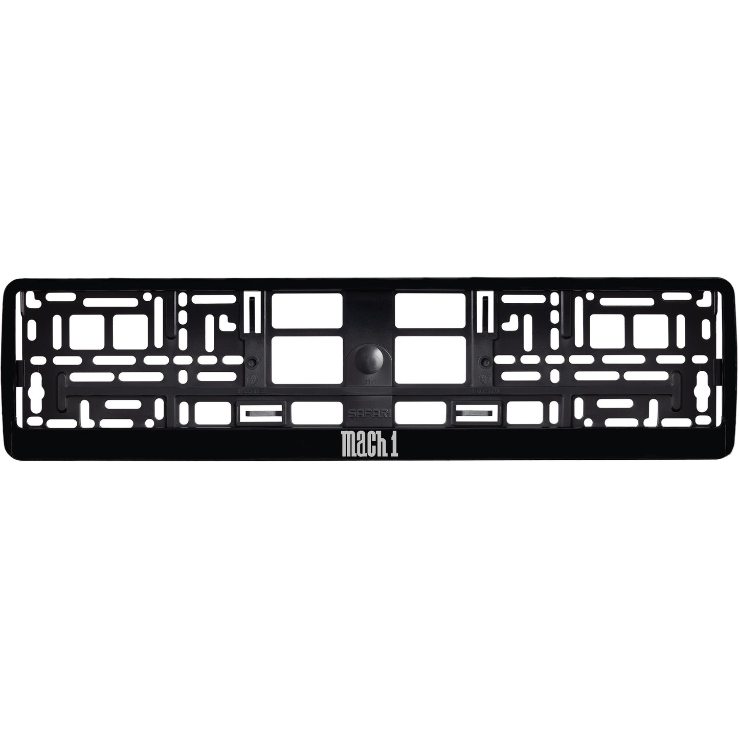 
        gloss black license plate frame with silver mach 1 logo
     