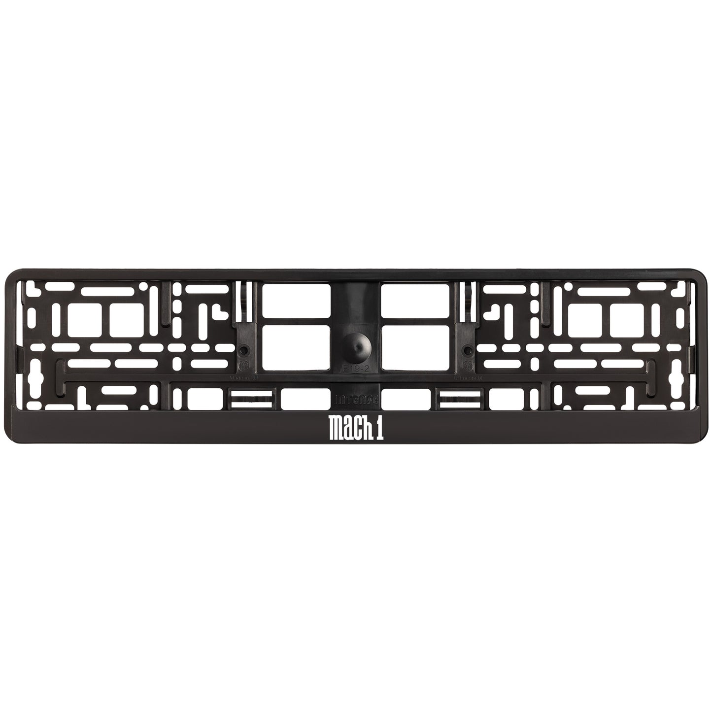 
        black license plate frame with white mach 1 logo
     
