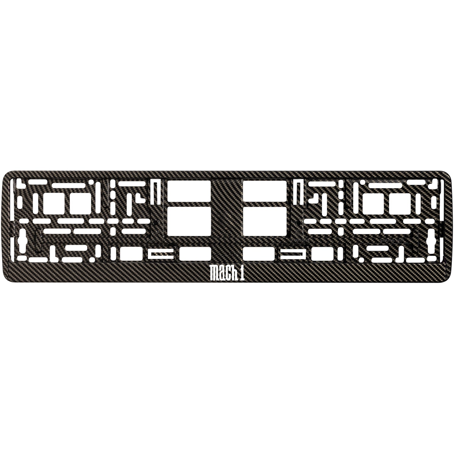 
        carbon  license plate frame with white mach 1 logo
     