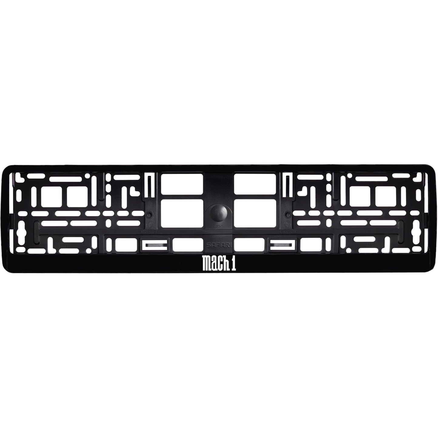 
        gloss black license plate frame with white mach 1 logo
     