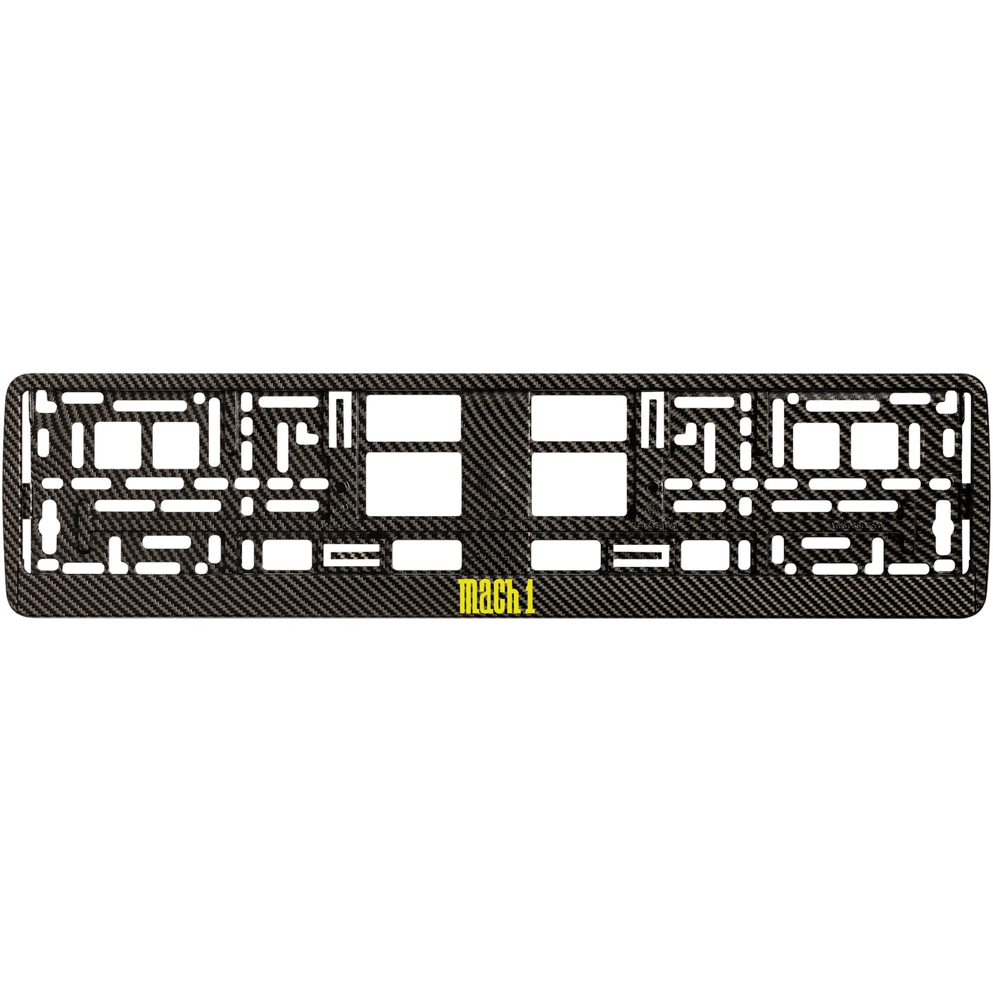
        carbon  license plate frame with yellow mach 1 logo
     