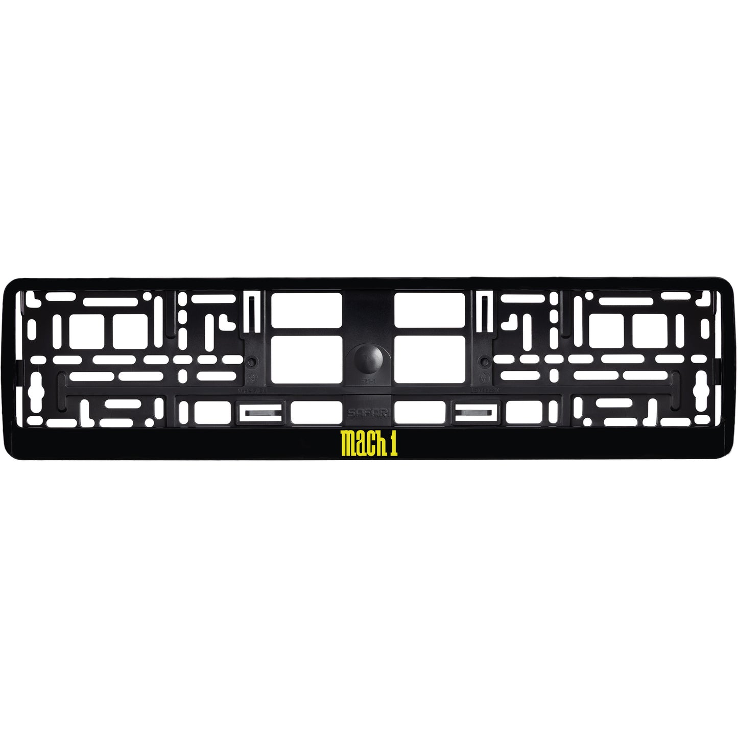 
        gloss black license plate frame with yellow mach 1 logo
     