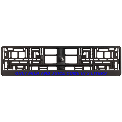 black license plate frame with blue only milk and juice come in 2 liters