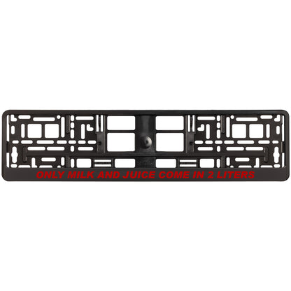 black license plate frame with red only milk and juice come in 2 liters