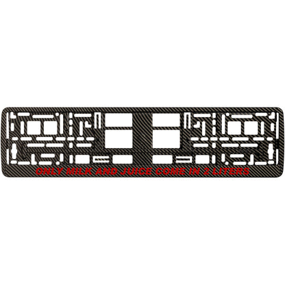 carbon license plate frame with red only milk and juice come in 2 liters