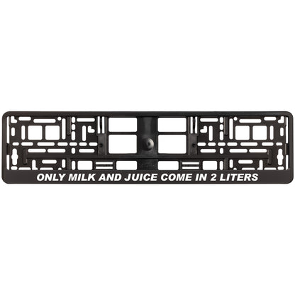 black license plate frame with white only milk and juice come in 2 liters