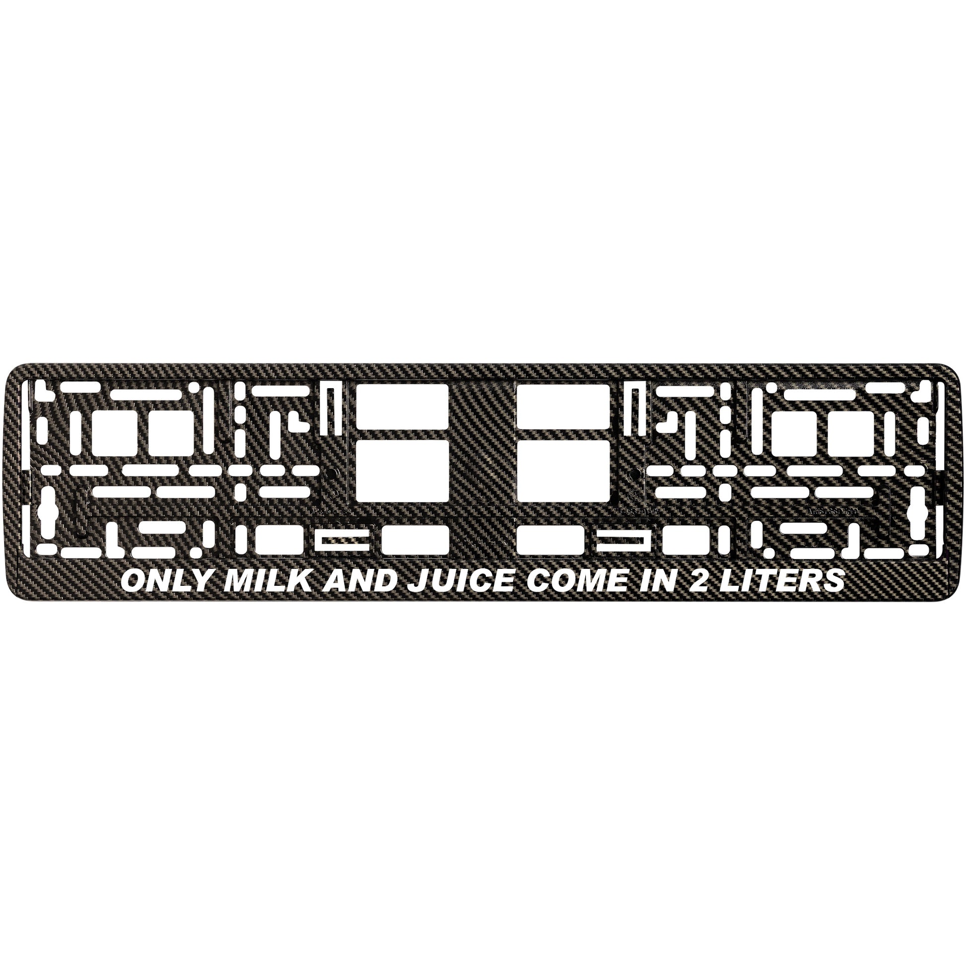 carbon license plate frame with white only milk and juice come in 2 liters