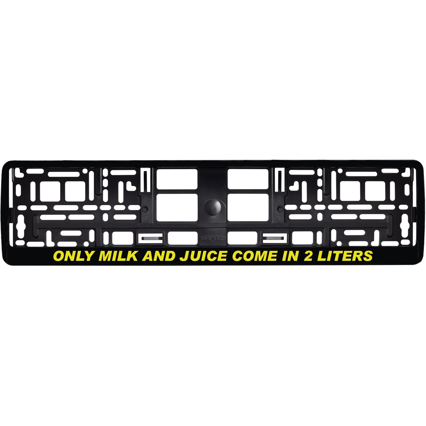 
        gloss black license plate frame with yellow only milk and juice come in 2 liters
     