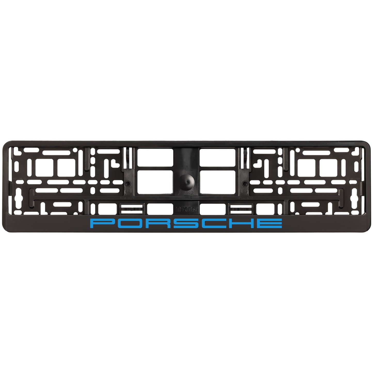 
        black license plate frame with blue cyan porsche logo
     