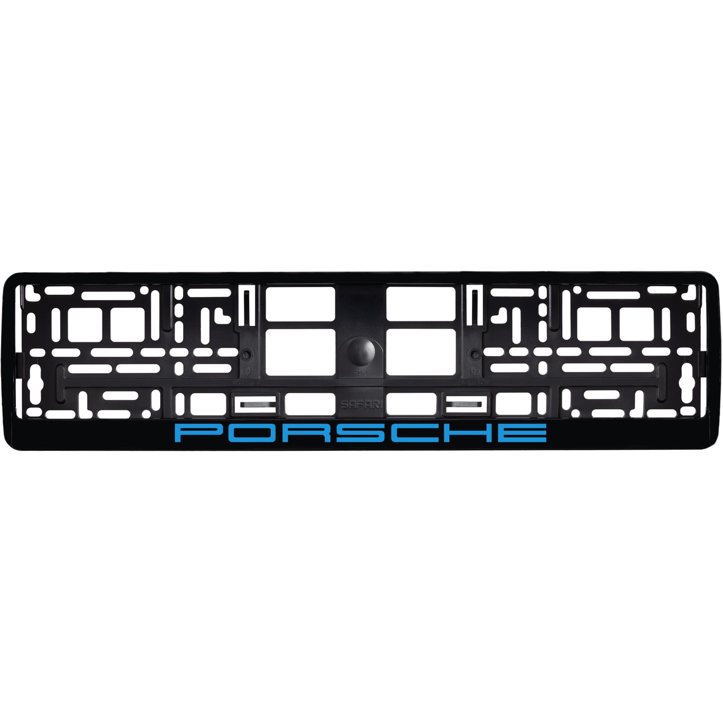 
        gloss black license plate frame with blue cyan porsche logo
     