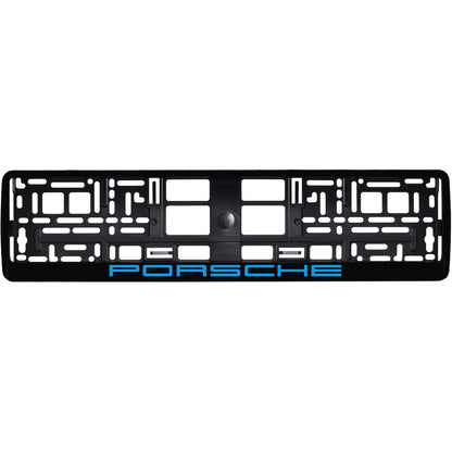 gloss black license plate frame with blue cyan porsche logo