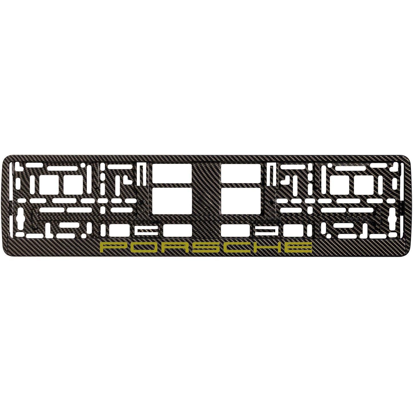 
        carbon license plate frame with gold porsche logo
     