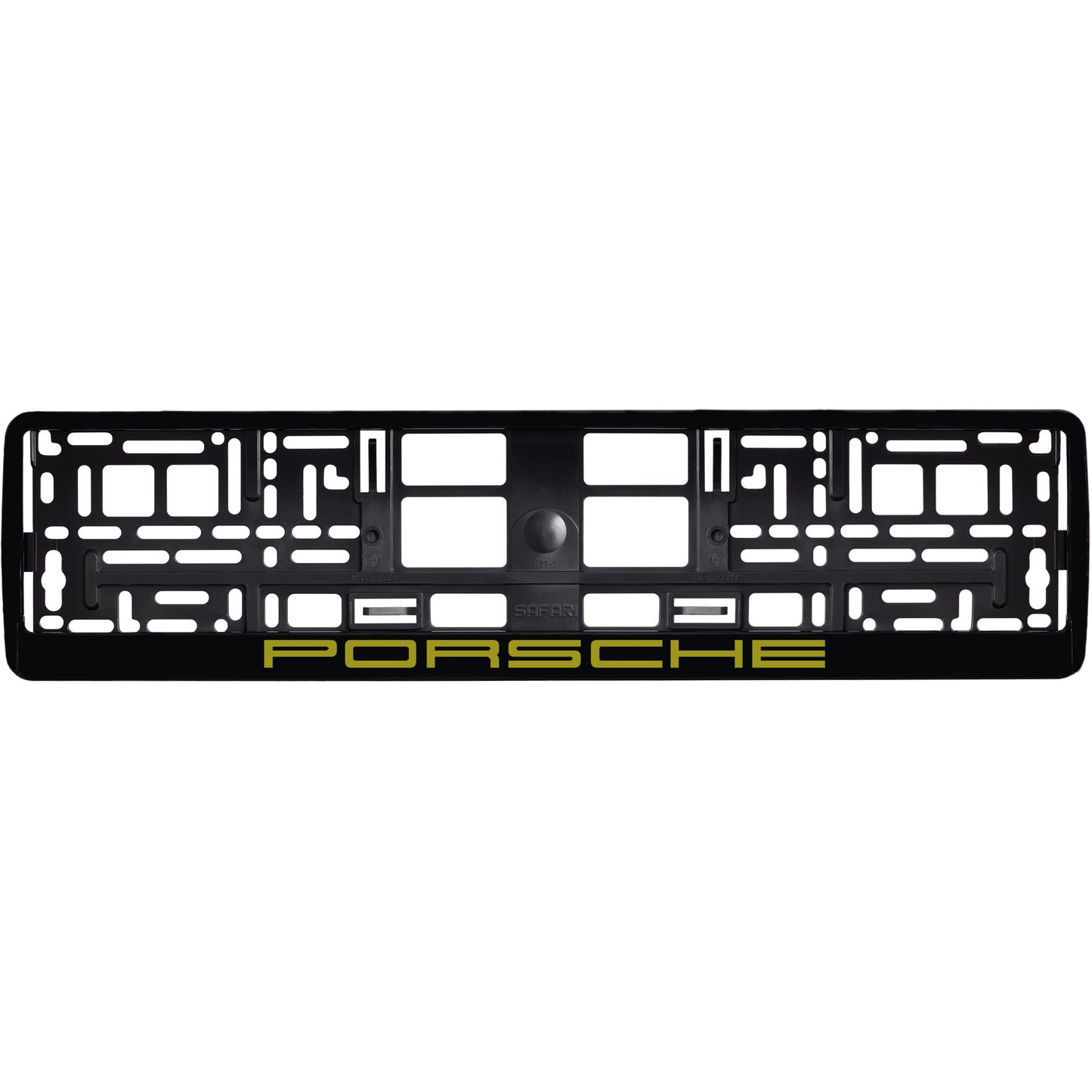 
        gloss black license plate frame with gold  porsche logo
     