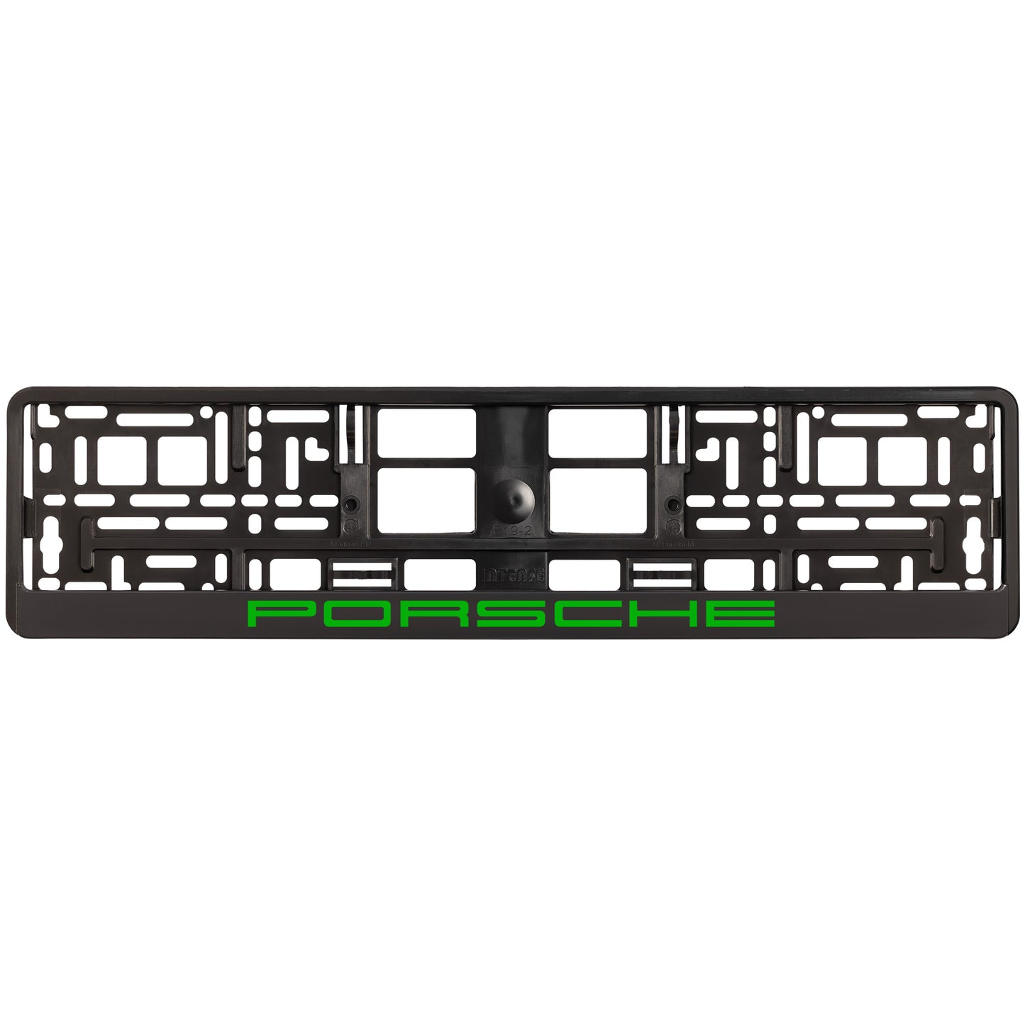 
        black license plate frame with green porsche logo
     