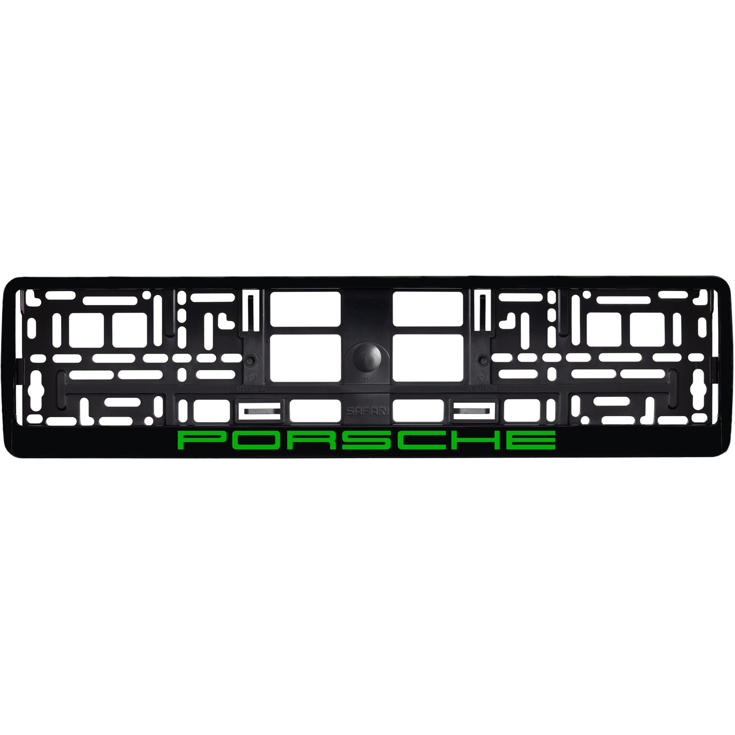 
        gloss black license plate frame with green porsche logo
     