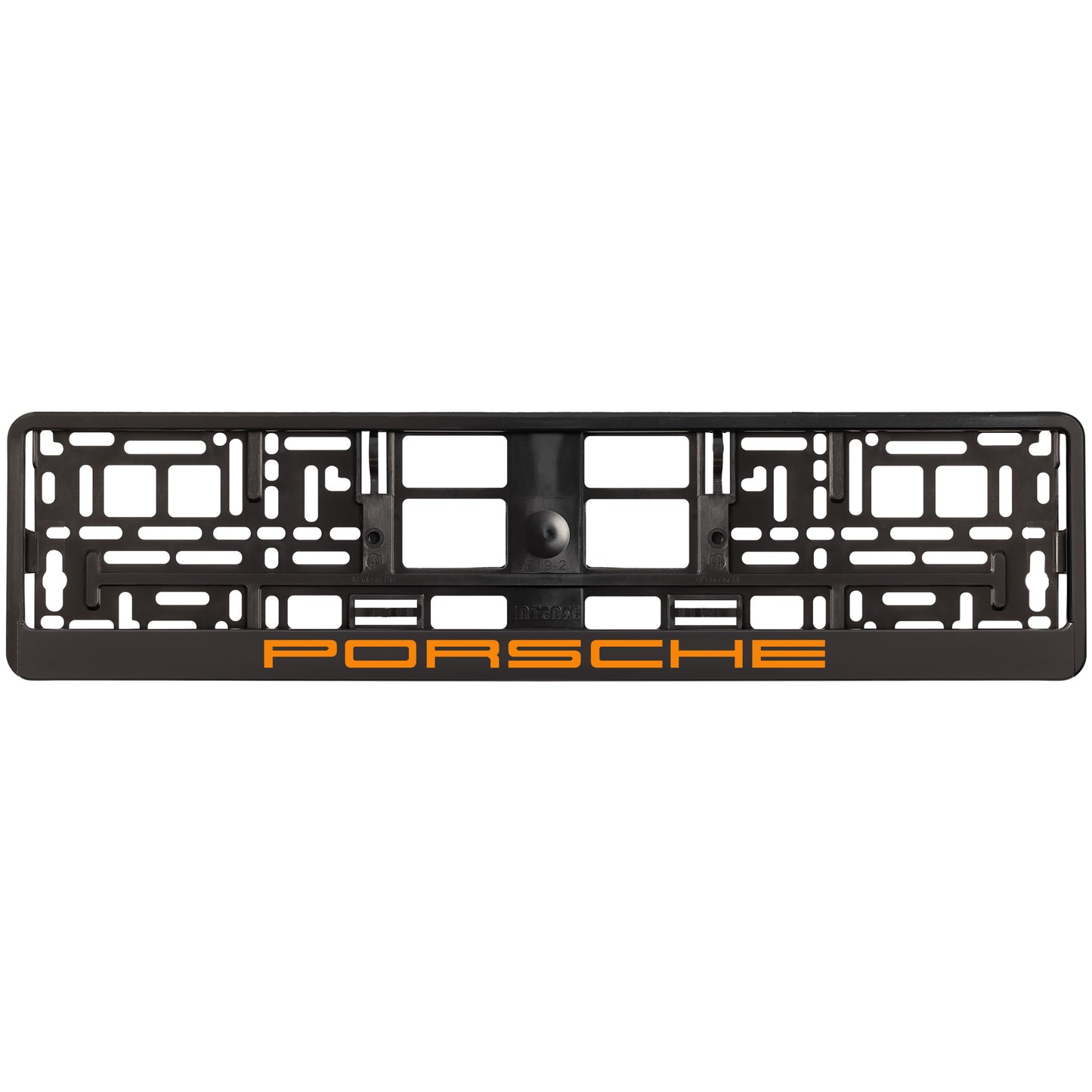 
        black license plate frame with orange porsche logo
     