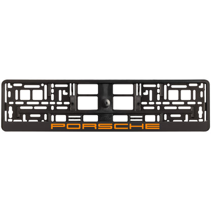 black license plate frame with orange porsche logo