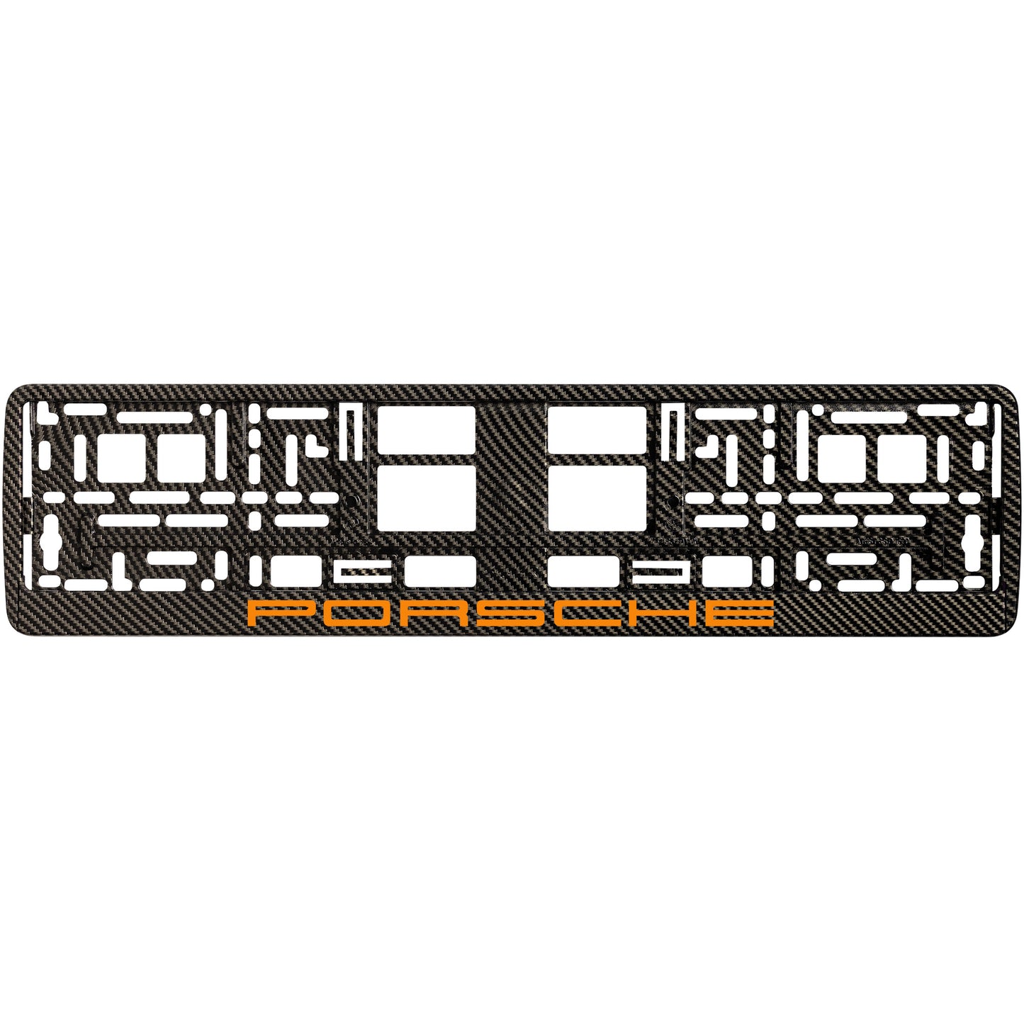 
        carbon license plate frame with orange porsche logo
     