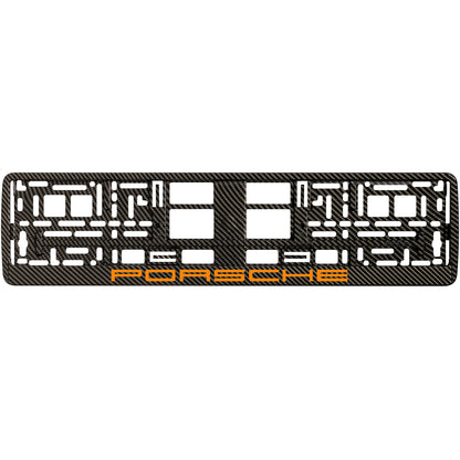 carbon license plate frame with orange porsche logo