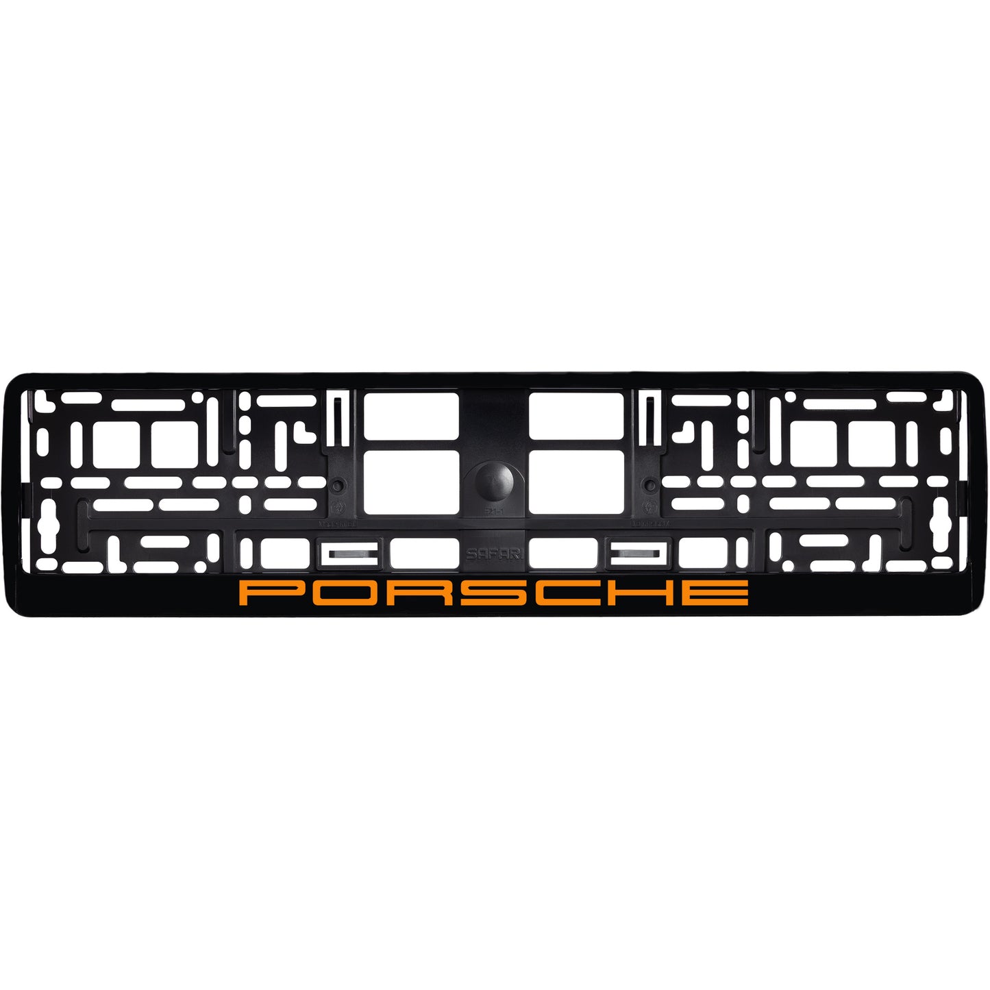 
        gloss black license plate frame with orange porsche logo
     