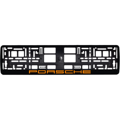 gloss black license plate frame with orange porsche logo