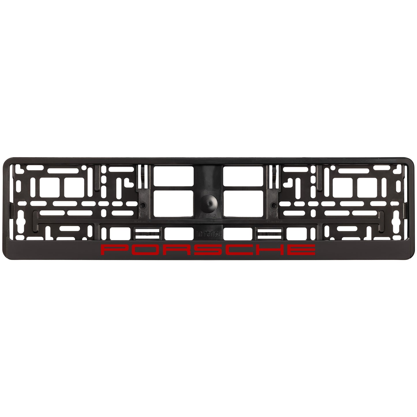 
        black license plate frame with red porsche logo
     